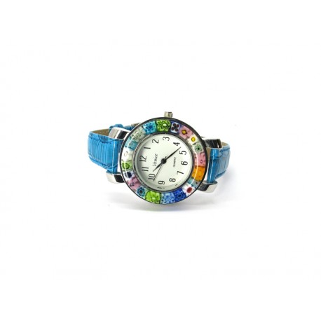 Murano millefiori watch, Chrome case - Mod. Space, Azure Strap (Available in 8 Colours)