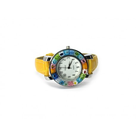 Murano millefiori watch, Chrome case - Mod. Space, Yellow Strap (Available in 8 Colours)