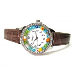 Murano millefiori watch, Chrome case with Strass - Mod. Star, Brown Strap, (Available in 8 Colors)