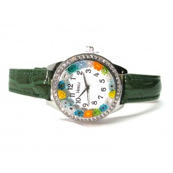 Orologio con vetro di Murrina Veneziana, Mod. Star, cassa Cromata con Strass, Cint. Verde (Disponibile in 8 Colori)