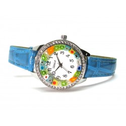 Orologio con vetro di Murrina Veneziana, Mod. Star, cassa Cromata con Strass, Cint. Azzurro (Disponibile in 8 Colori)