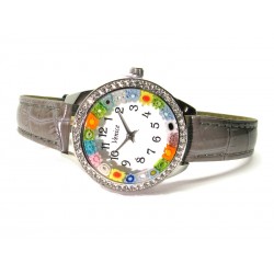 Murano millefiori watch, Chrome case with Strass - Mod. Star, Light Brown Strap, (Available in 8 Colors)