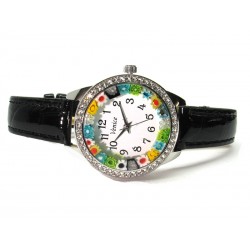Murano millefiori watch, Chrome case with Strass - Mod. Star, Black Strap, (Available in 8 Colors)