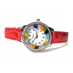 Murano millefiori watch, Chrome case with Strass - Mod. Star, Red Strap, (Available in 8 Colors)