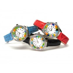 Murano millefiori watch, Chrome case with Strass - Mod. Star, Assorted Strap, (Available in 8 Colors)
