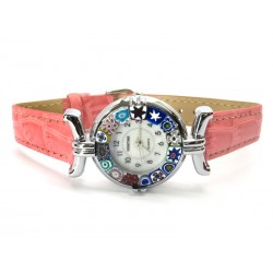 Murano millefiori watch, Chrome case - Mod. Lady, Pink Strap, (Available in 21 Colours)