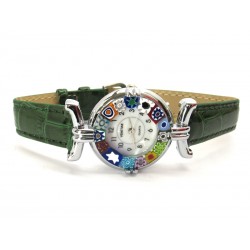 Murano millefiori watch, Chrome case - Mod. Lady, Green Strap, (Available in 21 Colours)