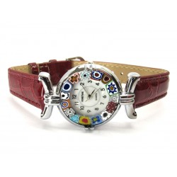 Murano millefiori watch, Chrome case - Mod. Lady, Bordò Strap, (Available in 21 Colours)