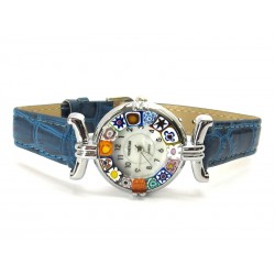 Murano millefiori watch, Chrome case - Mod. Lady, Blue Strap, (Available in 21 Colours)