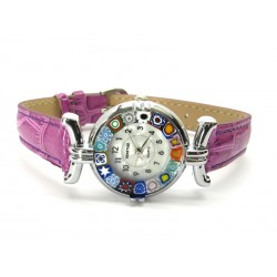 Murano millefiori watch, Chrome case - Mod. Lady, Fuchsia D Strap, (Available in 21 Colours)