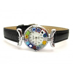 Murano millefiori watch, Chrome case - Mod. Lady, Black Strap, (Available in 21 Colours)