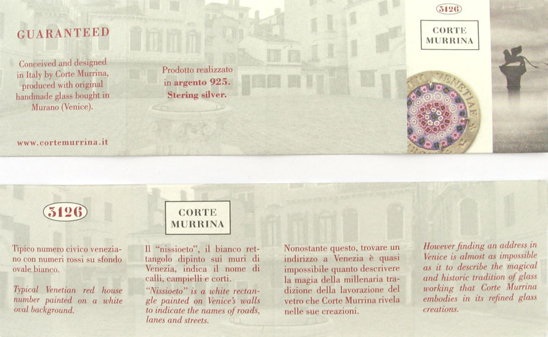 Murrina certificato di Garanzia per pendenti