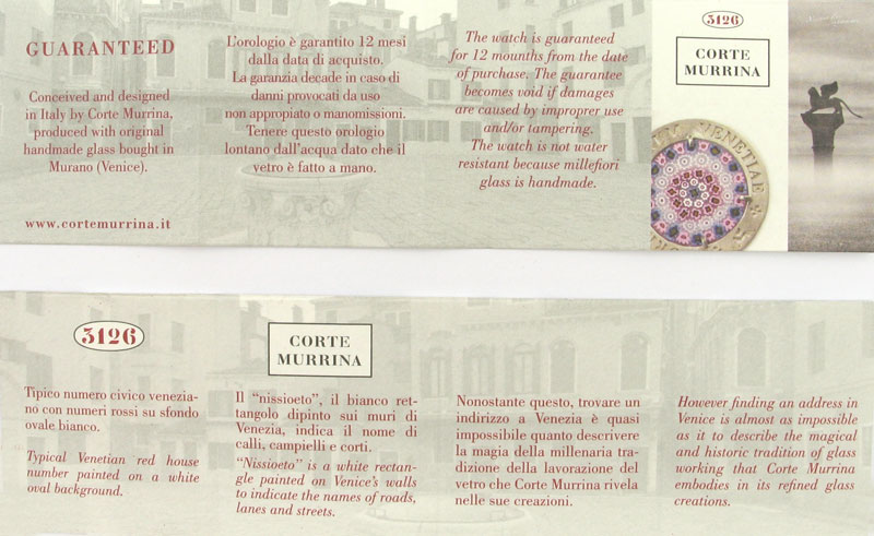 Murano glass certificato di Garanzia per orologi com Murrina